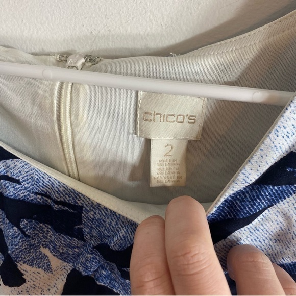 Chico’s Palm Print Maxi Dress Sz 2 Large Blue White Sleeveless Beach Vacation - Picture 6 of 9